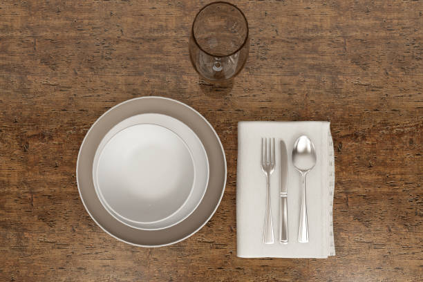 istock Empty white plate sets, concept image for restaurant and luxury meal preparing , Dinner table setting, top view, 3d illustration. 1258756453