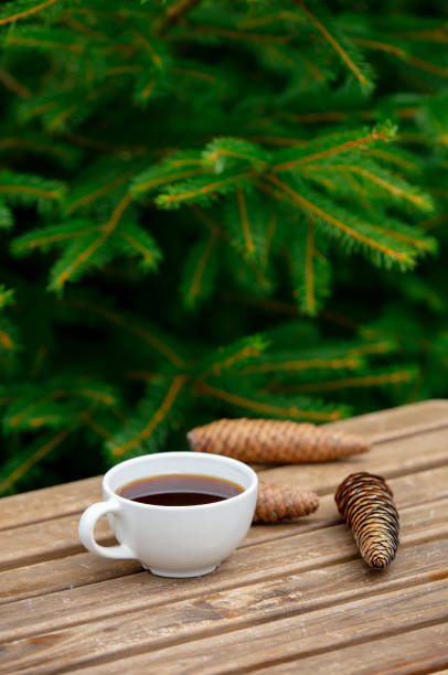 istock cup of coffee and pine cones on wooden table with spruce branches on background 1258773365