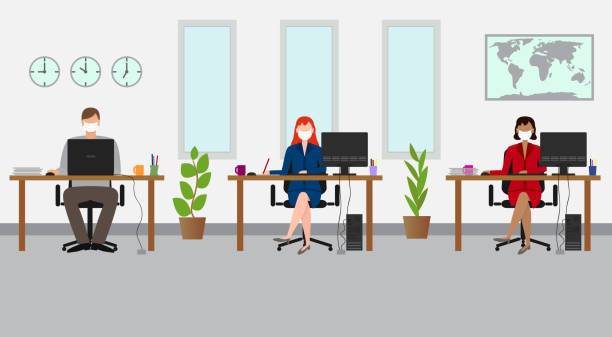 Social Distancing at the Office. Business People Working with Mask Social Distancing at the Office. People Working with Mask, Office desks are distant , flat design illustration vector. Face masks are in separate layer. desk stock illustrations