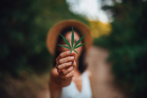 Woman Holding Leaf in the Forest