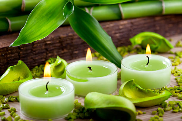 istock Green candles and bamboo decoration 125880903