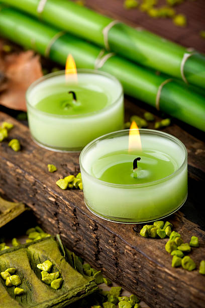 istock Green candles and bamboo decoration 125881079