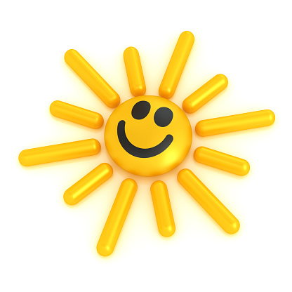 Cute sun with smile. Happy sunny day icon isolated on the white background.