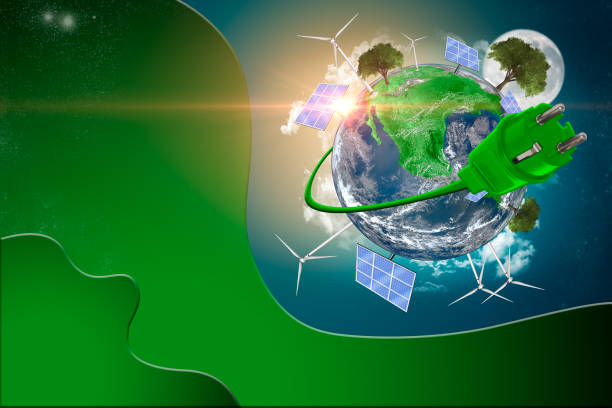 Renewable energies banner template with copy space. Render 3D. Some Elements Of This Image Provided By NASA, https://images.nasa.gov/details-PIA18033