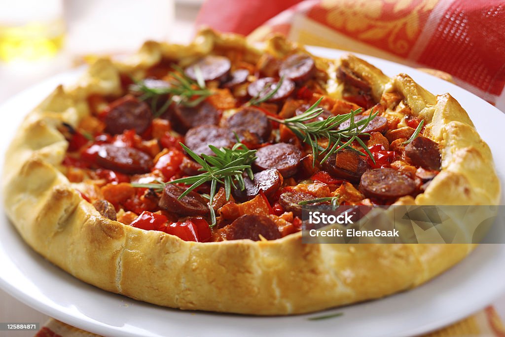 Pie with sweet potato, sausage and red pepper Baked Stock Photo