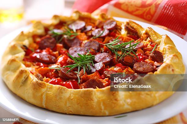 Pie With Sweet Potato Sausage And Red Pepper Stock Photo - Download Image Now - Baked, Breakfast, Cheddar Cheese