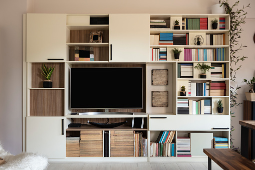 a wall unit in a living room setting with bookshelves
