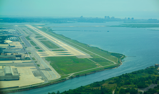 istanbul, Turkey – December 5, 2021: Bird eye view of airport terminal with parked airplanes