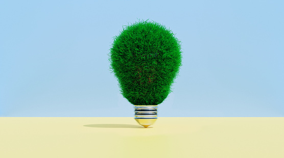 Concept of getting ideas that are environmental friendly. Light bulb covered in grass.