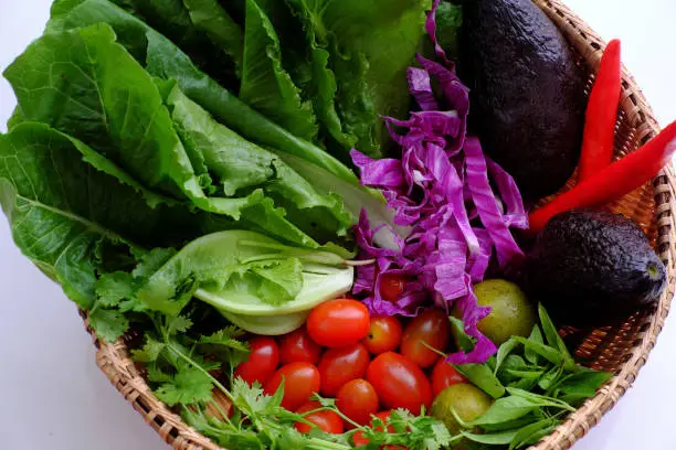 Top view colorful raw materials for mixed vegetable from avocado, salad, tomato, violet cabbage with soy sauce, lemon, chili, homemade diet food for weight loss and nutrition vegan dish