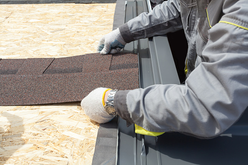 Trabajador profesional pone lámina de teja de asfalto en el techo photo