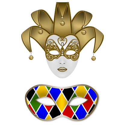 solated carnival masks. Venetian jolly mask and Harlequin mask