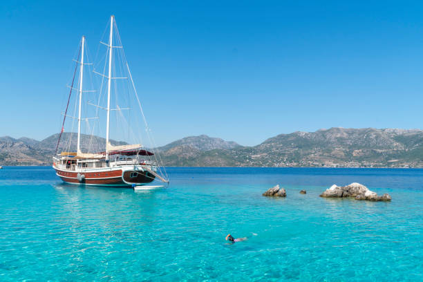 istock Sailing boat on turquoise clear waters. 1258914395