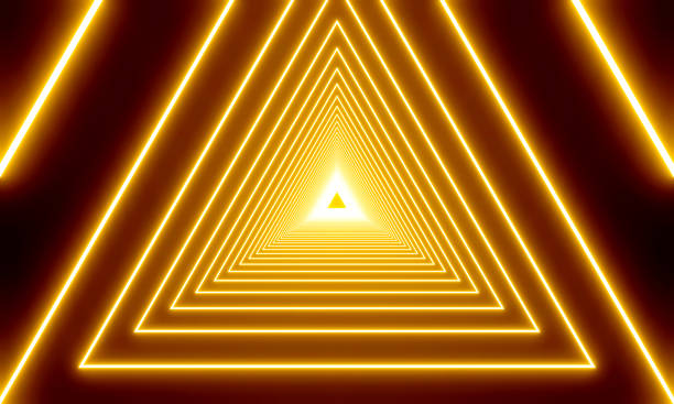 3D render of Shining gold neon triangle light effect with glowing lines, laser show and dark corridor lighting. Modern futuristic abstract golden background texture.