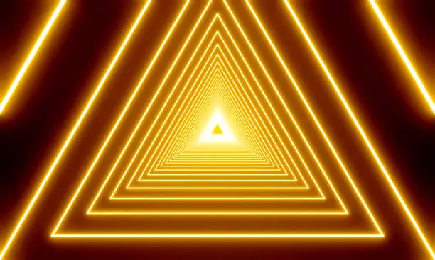 Photo of 3D render of Shining gold neon triangle light effect with glowing lines, laser show and dark corridor lighting. Modern futuristic abstract golden background texture.