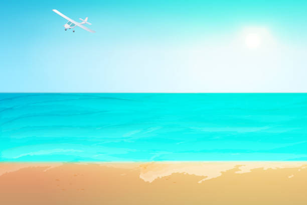 istock Summer beach view. Tropical background for summer holidays. Sea, sand, sky, plane, wave, sun. Stock vector illustration. 1258932142
