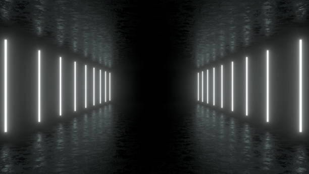 Empty Black Color Hall, Indoor, Room, 3D render abstract background, Neon Led Lights