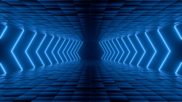 istock Empty Black Color Hall, Indoor, Room, 3D render abstract background, Neon Led Lights 1258944809