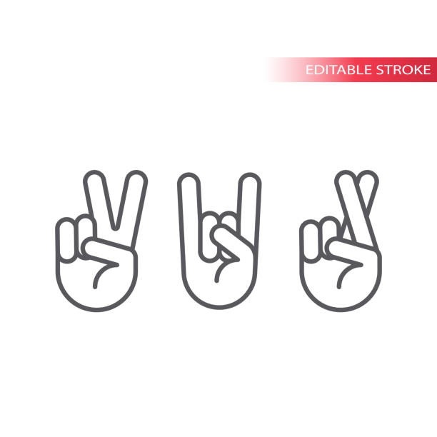 Rock, peace and fingers crossed vector icon set Hand gestures outline symbols, editable line fingers crossed illustrations stock illustrations