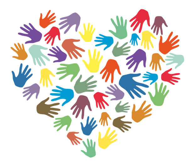 istock Colorful hands palms in heart shape vector. Love, team, friendship, charity, volunteering, help, community support and social care concept 1258949091