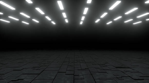 istock Empty Black Color Hall, Indoor, Room, 3D render abstract background, Neon Led Lights 1258949615