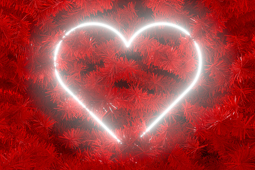 3d rendering of Neon Light Empty Frame with Christmas Tree, New Year Background. Red and White colors.