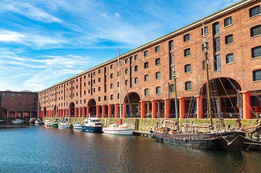 View of Albert Dock in Liverpool in a beautiful summer day, England, United Kingdom