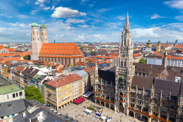 Panoramic view of Munich, Germany Aerial view on Marienplatz town hall and Frauenkirche in Munich, Germany in a beautiful summer day munich cathedral photos stock pictures, royalty-free photos & images
