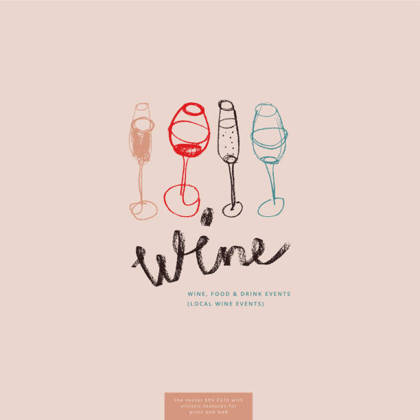 ketchy wine glasses vector illustrations with pencil textures for winery emblem, wine label design, sign bar, wines menu card. Pencil texture for organic winery logo, wine tasting course badge, wines menu card on light pink background. Red wine tasting course banner and tasting event illustration. wine illustrations stock illustrations