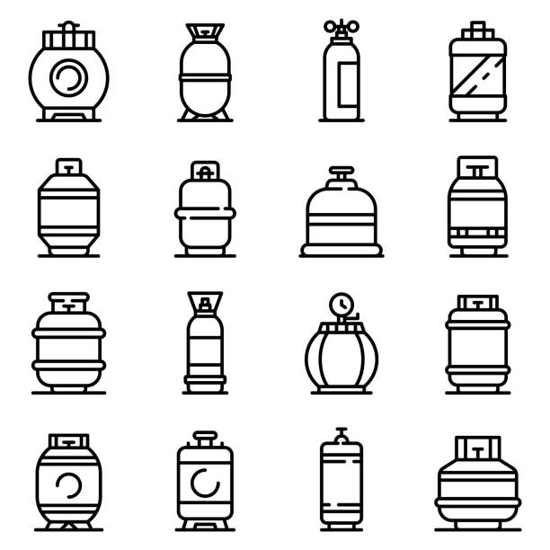 ilustrações de stock, clip art, desenhos animados e ícones de gas cylinders icons set, outline style - botija de gas