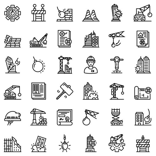 ilustrações de stock, clip art, desenhos animados e ícones de demolition work icons set, outline style - demolishing destruction demolished built structure