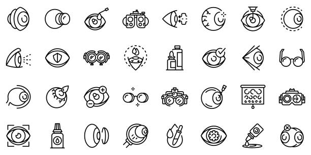 Optician icons set, outline style Optician icons set. Outline set of optician vector icons for web design isolated on white background optometrist stock illustrations
