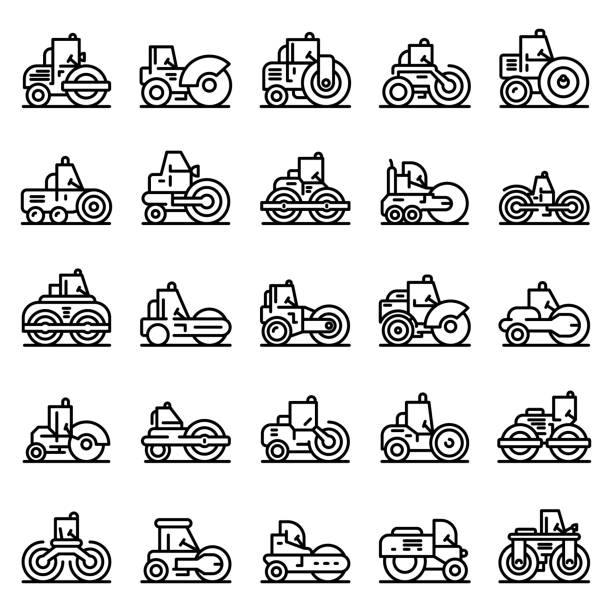 Road roller icons set, outline style Road roller icons set. Outline set of road roller vector icons for web design isolated on white background asphalt stock illustrations