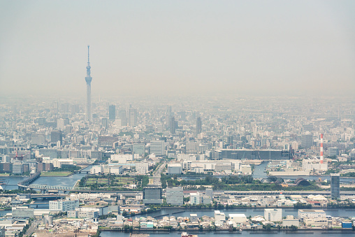 Aerial view of Tokyo city tower, skyscrapers, smog in the air
