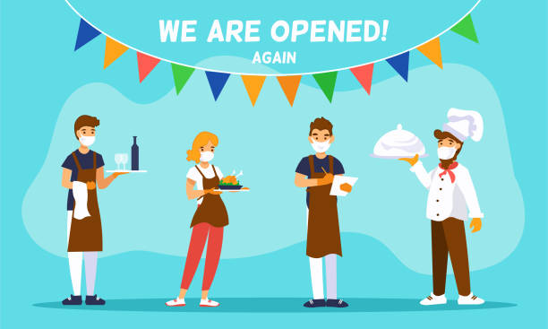 Cafe reopening. Template for banner with chef cook, waiters and message We are opened, Welcome Cafe re-opening. Restaurant are working again after coronavirus. Vector template for banner, websites, poster or flyer with message WELCOME BACK, WE ARE OPENED and cartoon characters: chef and waiters restaurant masks stock illustrations