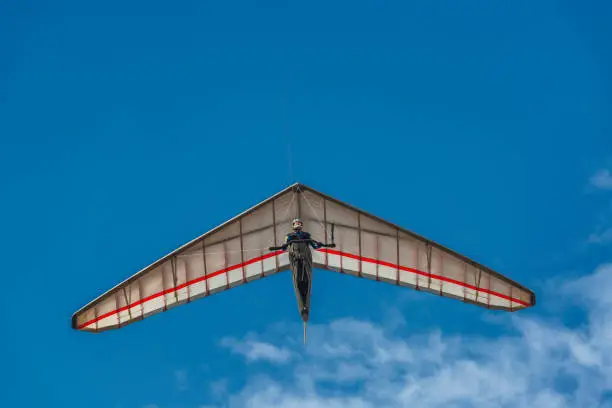 Bright hang glider wing silhouette from below. Extreme sport.