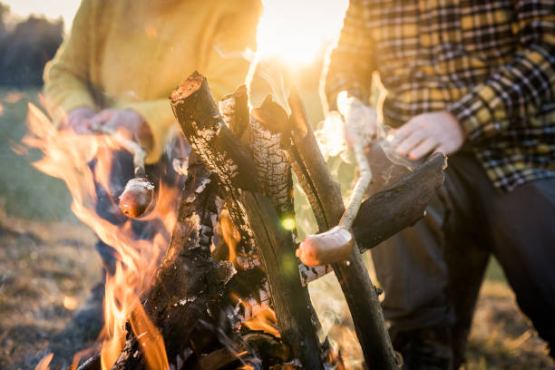 istock Man and woman baking sausages at a campfire 1259000770
