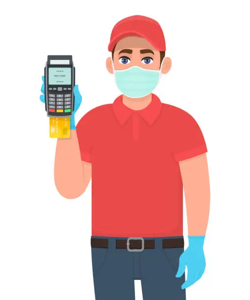 Vector illustration of Delivery person or courier in mask and gloves showing credit card payment machine. Man holding POS terminal. Safety modern lifestyle. Corona virus epidemic outbreak. Digital payment shopping service.