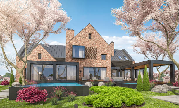 istock 3d rendering of modern clinker house on the ponds in spring 1259026077