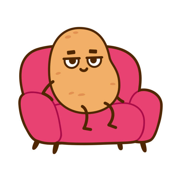 Couch potato character Couch potato, funny cartoon character. Lazy potato sitting on sofa, vector clip art illustration. lazy stock illustrations