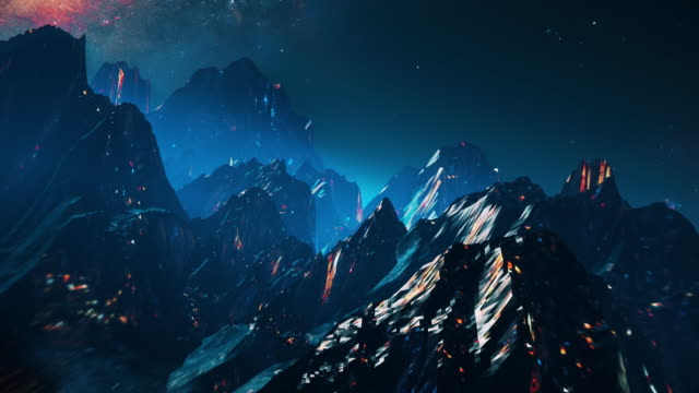 Stylized VJ looping 3D animation with mountains, space and high speed flythrough