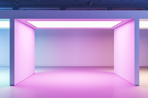 Minimalistic gallery interior with color backlight and blank on wall. Performance and presentation concept. 3D Rendering