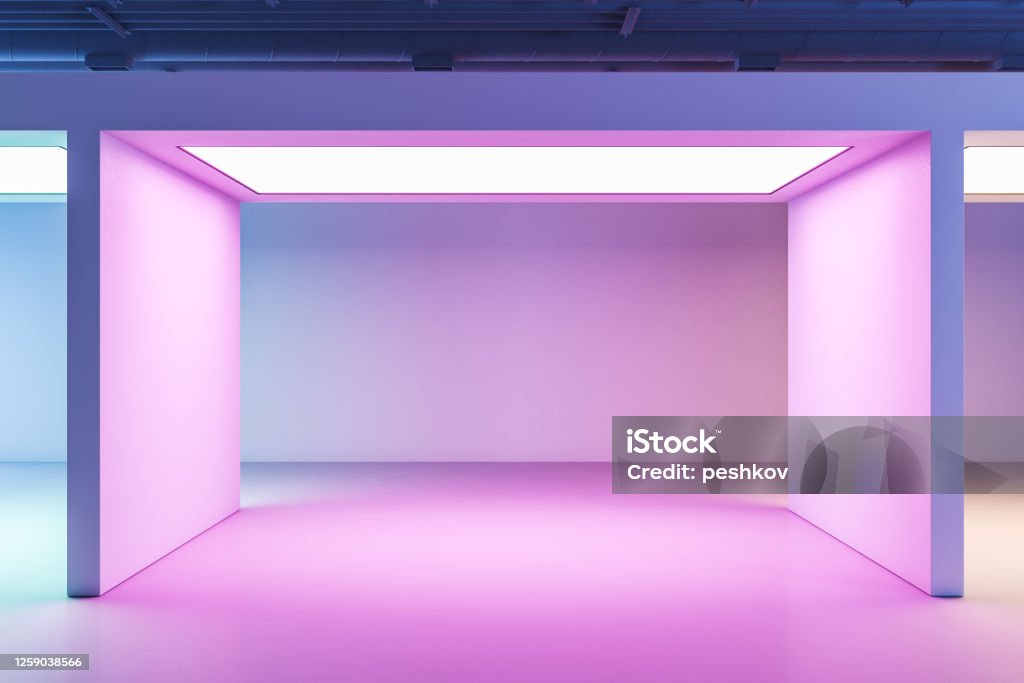 Minimalistic gallery interior with color backlight and blank on wall. Minimalistic gallery interior with color backlight and blank on wall. Performance and presentation concept. 3D Rendering Art Museum Stock Photo