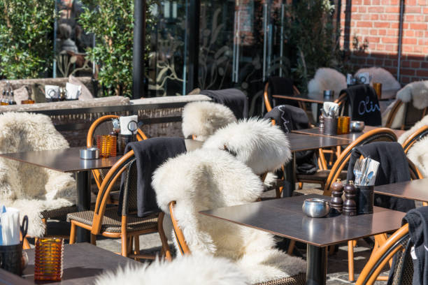 istock Restaurant by the street with empty chairs and tables in Oslo 1259040037