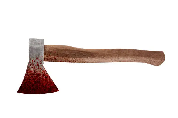 Old bloody axe isolated on white background with cliiping path