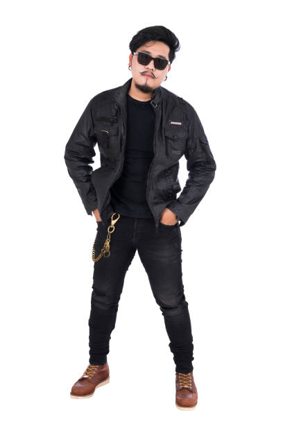 istock biker man in black leather jacket isolated on white background 1259072213
