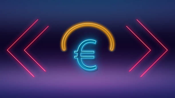 보라색과 파란색 배경에 대한 네온 빛에 기록 된 유로 기호 - european union currency flash 뉴스 사진 이미지