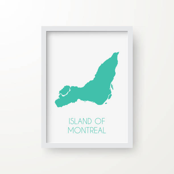 Island of Montreal map in a frame on white background Map of Island of Montreal in realistic white frame isolated on blank wall (colors used: blue, green, gray and white). Vector Illustration (EPS10, well layered and grouped). Easy to edit, manipulate, resize or colorize. island of montreal stock illustrations