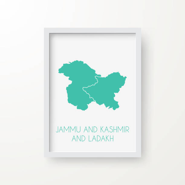 Jammu and Kashmir and Ladakh map in a frame on white background Map of Jammu and Kashmir and Ladakh in realistic white frame isolated on blank wall (colors used: blue, green, gray and white). Vector Illustration (EPS10, well layered and grouped). Easy to edit, manipulate, resize or colorize. ladakh region photos stock illustrations