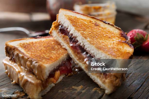 Grilled Peanut Butter And Strawberry Jelly Sandwich Stock Photo - Download Image Now